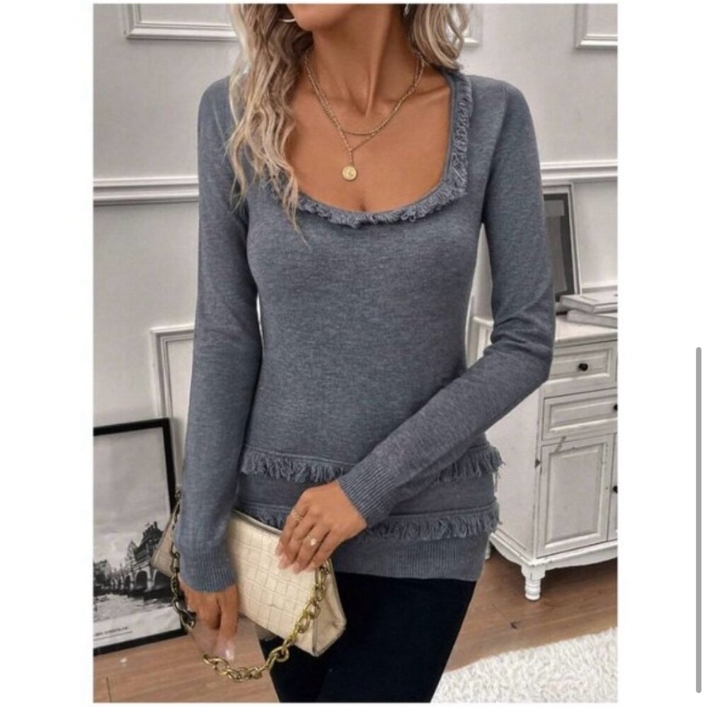 Gray Fringe Trim Scoop Neck Sweater NWOT